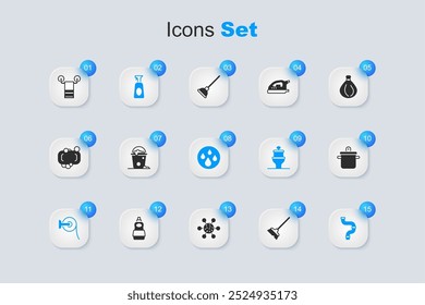 Set Mop, Bucket with foam and bubbles, Cleaning spray detergent, Toilet paper roll, Industry metallic pipe, Cooking pot, Towel on hanger and Water drop icon. Vector