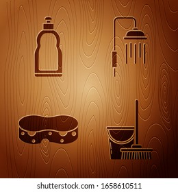 Set Mop and bucket , Plastic bottles for liquid dishwashing liquid, Sponge  and Shower head with water drops flowing  on wooden background. Vector