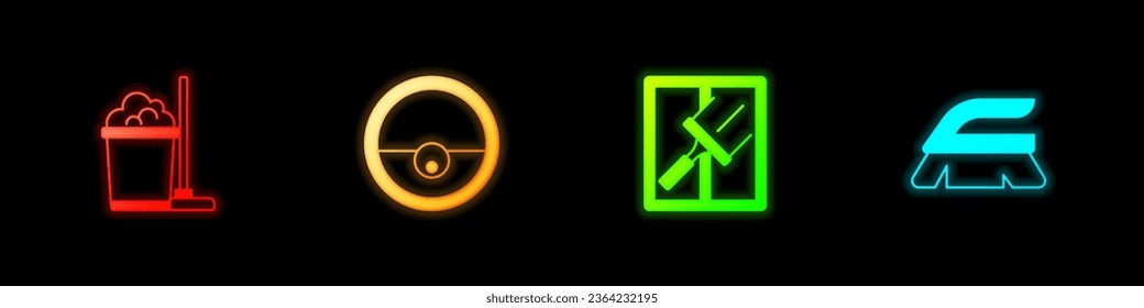 Set Mop and bucket, Robot vacuum cleaner, Rubber for windows and Brush cleaning icon. Vector