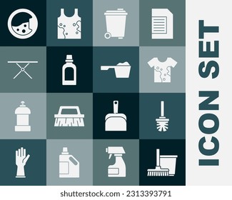 Set Mop and bucket, Toilet brush, Dirty t-shirt, Trash can, Bottle for cleaning agent, Ironing board, Washer and Washing powder icon. Vector