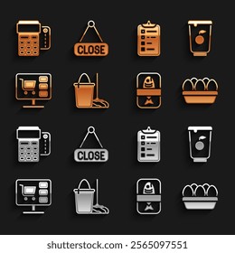 Set Mop and bucket, Yogurt container, Chicken egg box, Fish plastic tray, Shopping cart computer, list, POS terminal with credit card and Hanging sign Closed icon. Vector