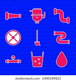 Ajuste Mop, Vidrio con agua, gota de agua, tubería metálica del sector y manómetro, válvula e icono. Vector