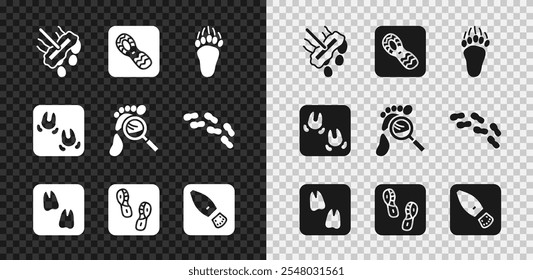 Set Mop, zapatos de huellas humanas, pata de oso, camello, jabalí y lupa con icono de pasos. Vector