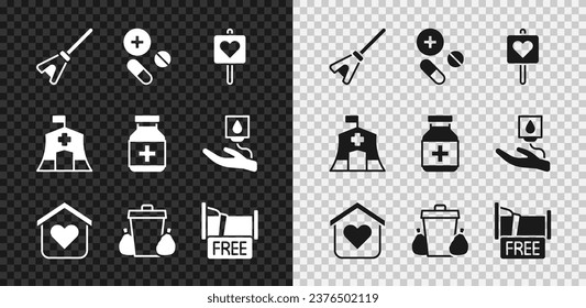 Set Mop, Medicine pill or tablet, Location with heart, Shelter for homeless, Trash can, Free overnight stay house, Emergency medical tent and bottle and pills icon. Vector