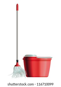 Set of mop with metal handle and red plastic bucket for house cleaning. Eps10