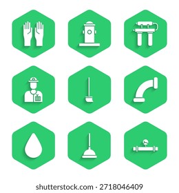 Set Mopp, Gummikolben, Industrierohr und Manometer, metallic, Wassertropfen, Klempner, Filter und Handschuhe Symbol. Vektorgrafik