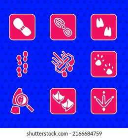 Set Mop, Seagull paw footprint, Chicken, Paw, Magnifying glass with footsteps, Human footprints shoes, Camel and  icon. Vector
