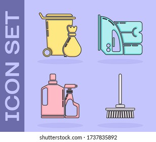 Set Mop , Trash can , Plastic bottles for liquid dishwashing liquid and Electric iron and towel  icon. Vector