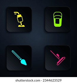 Set Mop, Vacuum cleaner, Handle broom and Bucket with rag. Black square button. Vector