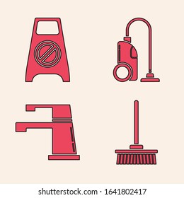 Set Mop , Wet floor and cleaning in progress , Vacuum cleaner  and Water tap  icon. Vector