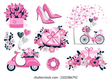 A set with a moped, flowers, gifts and balloons. Pink colors. Vector clipart.