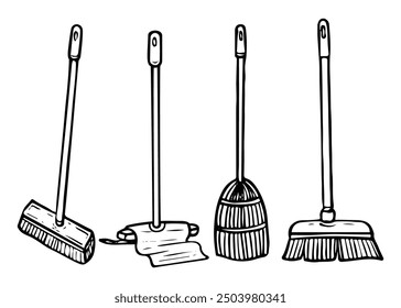 Set of mops for cleaning the floor hand drawn doodle. Laundry room. Broom with a long handle and brush. House cleaning. Vector outline line art illustration.