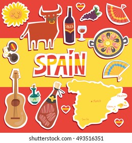 Set of more than 12 Spanish symbols: bull, guitar, map, paella, wine, guitar, olive oil, castanets(music instrument), jamon(Spanish meat) and others. Set of stickers. For touristic agency.