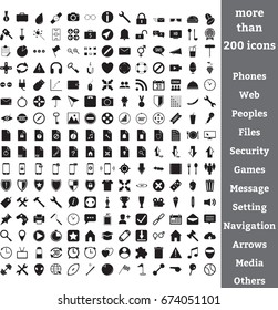 Set of more than 200 Quality vector icons( Phones, Web, Peoples, Film, Security, Games, Message, Setting, Navigation, Arrows, Media, Food, Files, Download, Upload, TV, Cups, Medals and others)