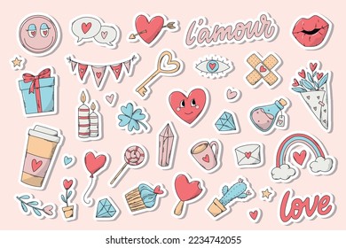 Set of more than 30 Valentine's day stickers with white edge. Good for planners, prints, cards, signs, logos, icons, etc. EPS 10