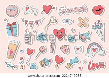 Set of more than 30 Valentine's day stickers with white edge. Good for planners, prints, cards, signs, logos, icons, etc. EPS 10