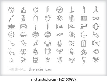 Set of more than 50 line icons of the sciences in education including biology, anatomy, chemistry, physics and astronomy