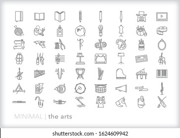 Set of more than 50 line icons of the arts in education, including music, dance, writing, literature, art, craft