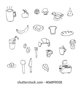Set of morning breakfast doodle. Vector illustration.