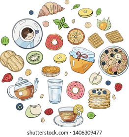 Set of morning breakfast elements isolated on white background in circle shape.  Tea, scrambled eggs. coffee, honey, pancakes.