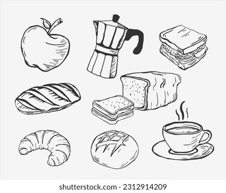 set of morning breakfast hand drawn doodle style illustration isolated on white background croissant, apple, sandwich, mokapot and cup of coffee