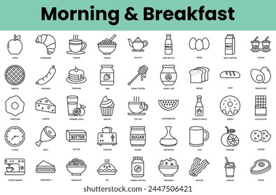 Set of morning and breakfast icons. Linear style icon bundle. Vector Illustration