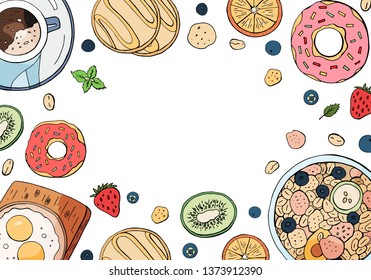 Set of morning breakfast isolated on white background with space for text. Cup of coffee, muesli, waffles and pancakes, top view. Hand drawn colored breakfast collection.