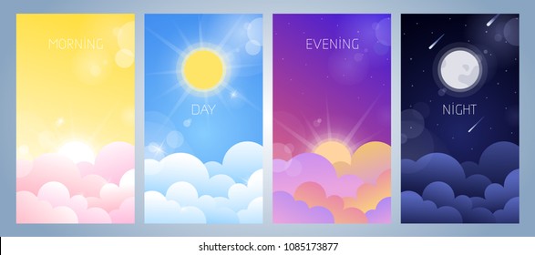 Set of morning, day, evening and night sky illustration with sun, clouds, moon and stars, sunset and sunrise. Weather app screen, mobile interface design