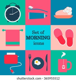 Set of morning icons.Flat vector design.Morning routine.