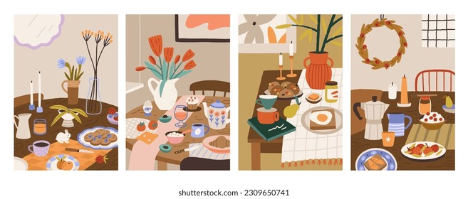Set of morning meals cards. Сompositions with furniture, cozy interior elements, food, drink and dishes. Still life. Perfect for social media posts, cards and posters. All elements are isolated.