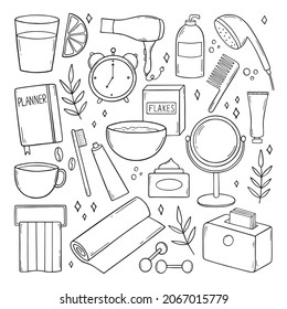 Set of morning routine doodles. Home activity: planning, drinking lemon water, fitness, shower, breakfast, beauty rituals in sketch style.  Hand drawn vector illustration isolated on white background.