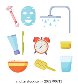 Set of morning routine elements - comb, cream, shower, massager, toothpaste and brush, porridge and alarm clock. Everyday affairs. Early awakening. Vector cartoon illustration.