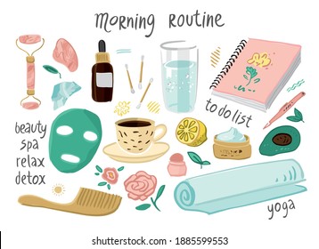 Set of morning routine elements drawn in sketch style isolated on a white background. Collection of yoga, detox, food, beauty, spa symbols for morning rituals. Flat cartoon cector illustration.
