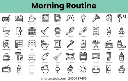 Conjunto de iconos de rutina de la mañana. Paquete de iconos de estilo lineal. Ilustración vectorial