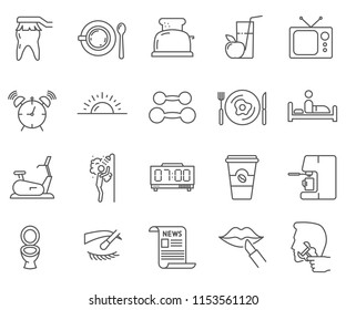 Set of Morning Routine  Related Vector Line Icons. Contains such Icons as coffee, Breakfast, morning exercise, gym, teeth cleaning and etc.