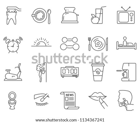Set of Morning Routine Related Vector Line Icons. Contains such Icons as song, music, recording and more. 
