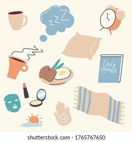 Set of Morning Routine Things Towel, Coffee Cup and Alarm Clock with Breakfast Meal, Make Up Cosmetics, Daily Planner and Human Palm with Spiral, Sun and Cloud with Pillow. Linear Vector Illustration