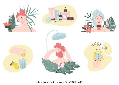 Set of morning routines and a healthy lifestyle. Beauty treatments, breakfast, water with lemon on an empty stomach, awakening, taking a shower, drinking coffee