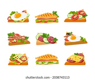 Set of morning sandwiches and toasts for breakfast. Fried pieces of bread with sausage, cheese, eggs, bacon and ham with tomatoes and cucumber. Concept breakfast for menu design. Vector illustration.