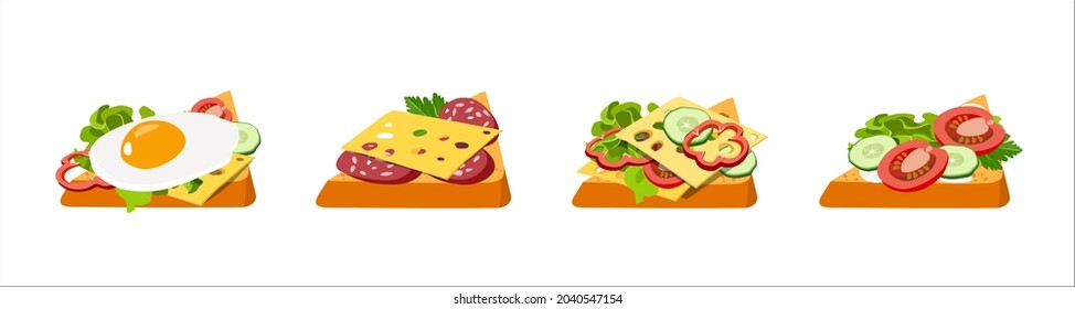 Set of morning sandwiches and toasts for breakfast. Fried pieces of bread with sausage, cheese, eggs, bacon and ham with tomatoes and cucumber. Concept breakfast for menu design. Vector illustration