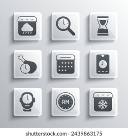 Set Morning time, Calendar winter, Alarm clock app mobile, Clock, Food, autumn and Old hourglass icon. Vector