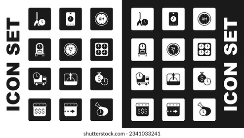 Hora de la mañana, Reloj 24 horas, Reloj antiguo, Limpieza, Reloj de zona horaria, Aplicación de alarma móvil, es dinero y Camión de entrega e icono. Vector