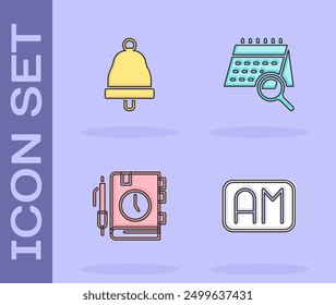 Set Morning time, Ringing bell, Daily paper notepad and Calendar search icon. Vector