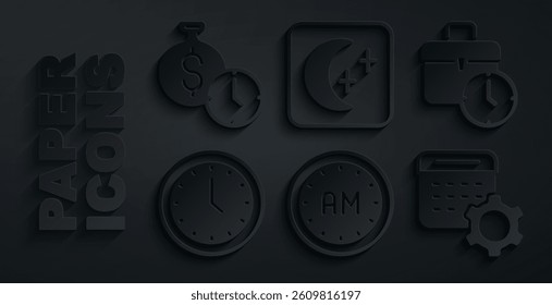 Set Morning time, Work, Clock, Calendar settings, Moon and stars and Time is money icon. Vector