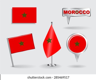 Set of Moroccan pin, icon and map pointer flags. Vector illustration.