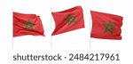 Set of Moroccan waving flag on flagpole. Realistic 3d design flag flies on the wind on isolated white background. vector illustration