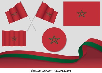 Set Of Morocco Flags In Different Designs, Icon, Flaying Flags With ribbon With Background. Free Vector