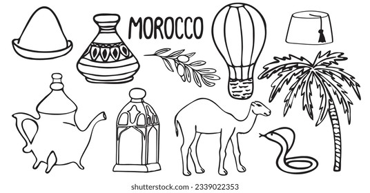 Set of Morocco. guide in doodle style with country sights cuisine people pottery camel. Vector illustration. Isolated on a white background.