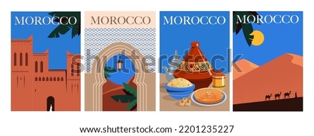 Set of morocco guide posters. Banners with tourist attractions of country, national cuisine and architecture, desert dunes with camels. Cartoon flat vector collection isolated on white background Stock foto © 