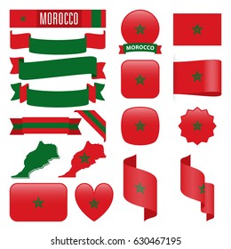 Set of Morocco maps, flags, ribbons, icons and buttons with different shapes.